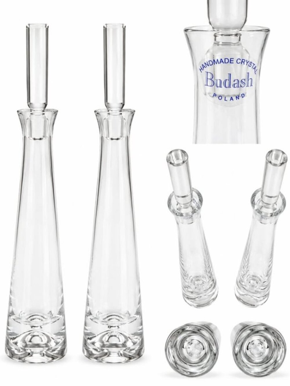Vintage Budash Crystal Decanters Pair Handmade Poland 14" Original Stoppers